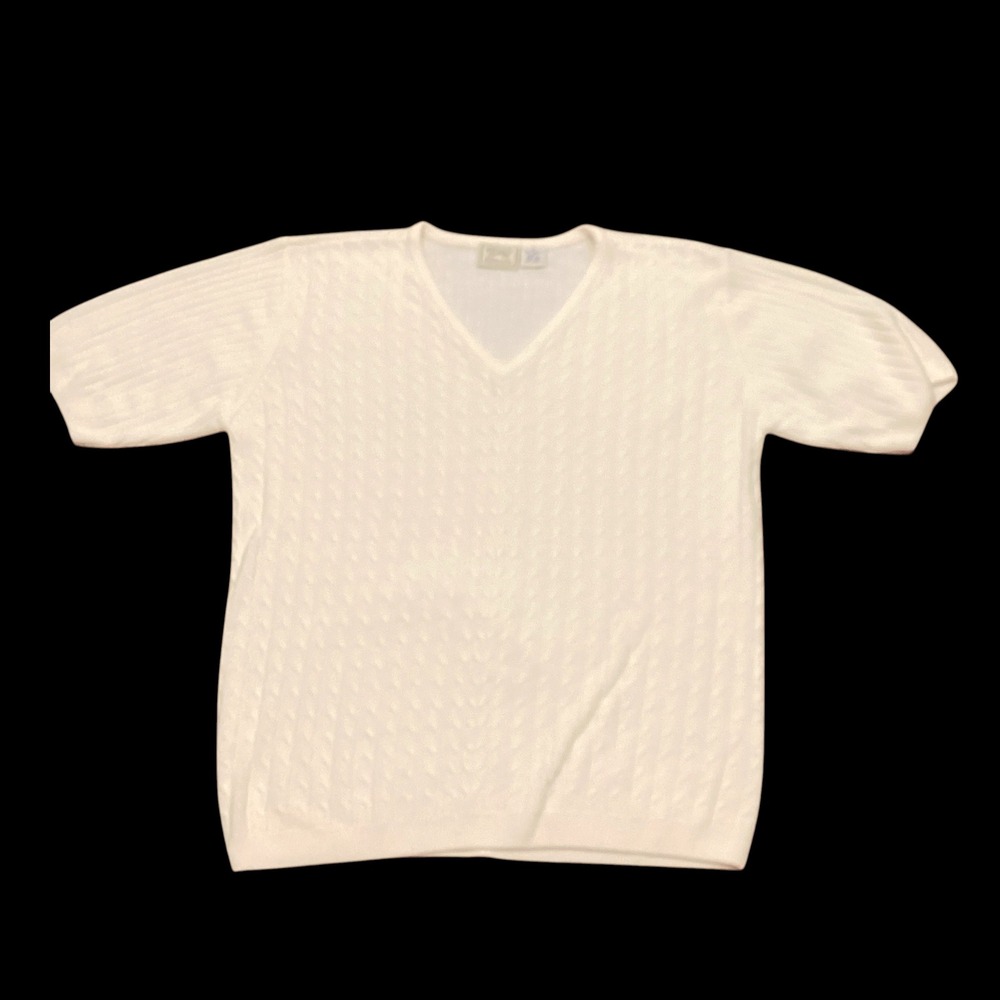 Specialty Collection White Cable Knit V-Neck Short Sleeve Sweater Womens Medium